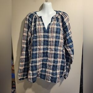 NEW- Garnet Hill Plaid Blouse - Blue, White, and Brown, Size Medium